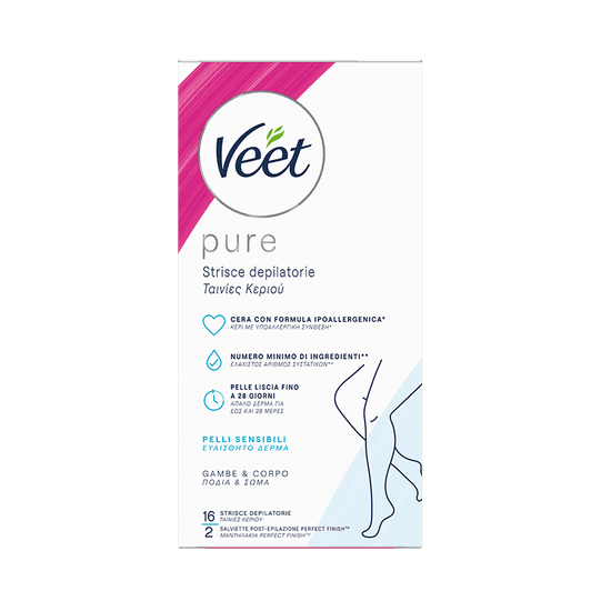 Veet Pure strisce ipoallergeniche depilatorie corpo e gambe, 16 pezzi